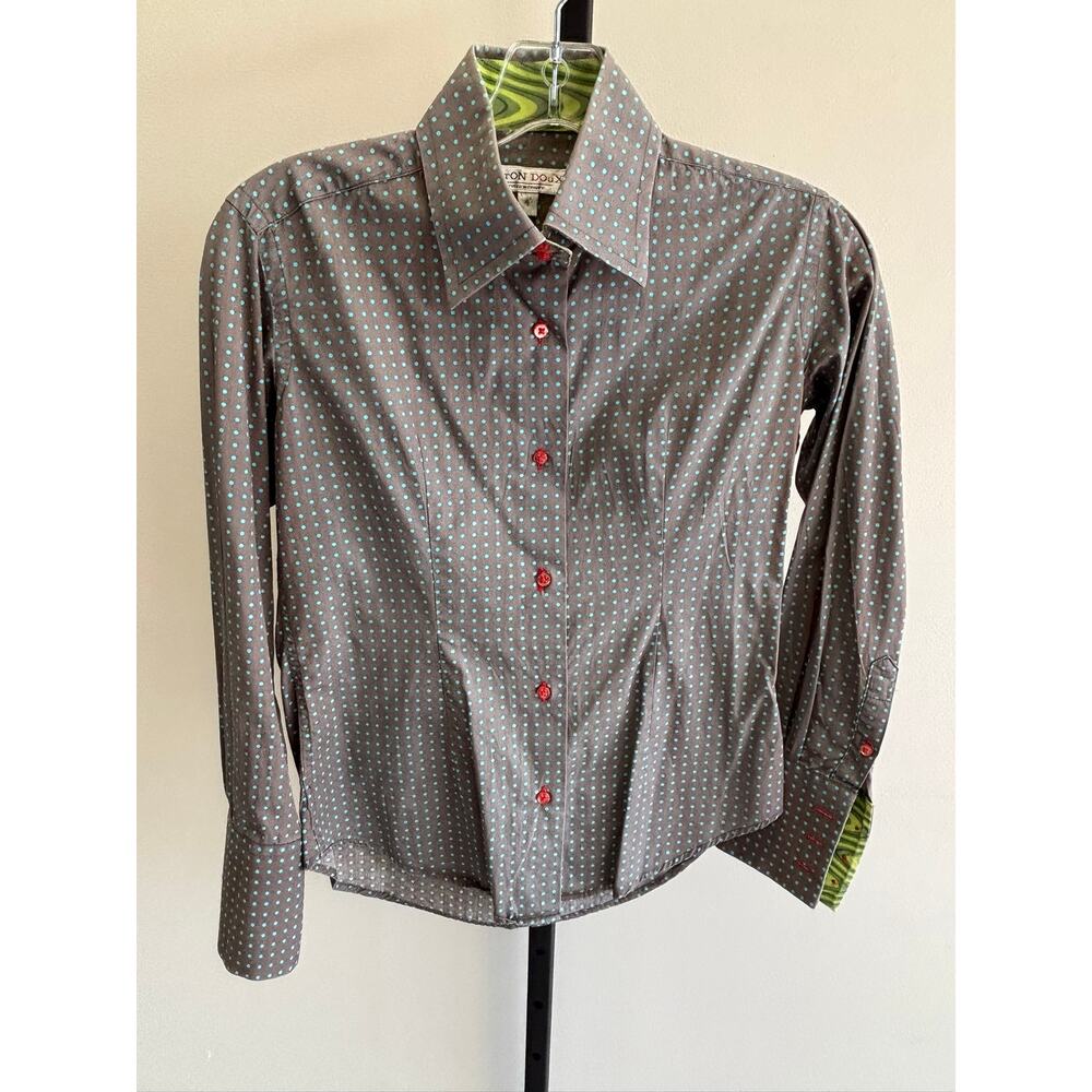 Coton Doux Women's Grey & Blue Polka Dot Blouse Size XS #54287